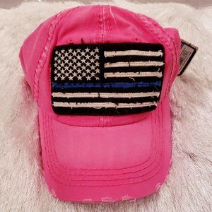 Distressed Thin Blue Line  America Flag Hat